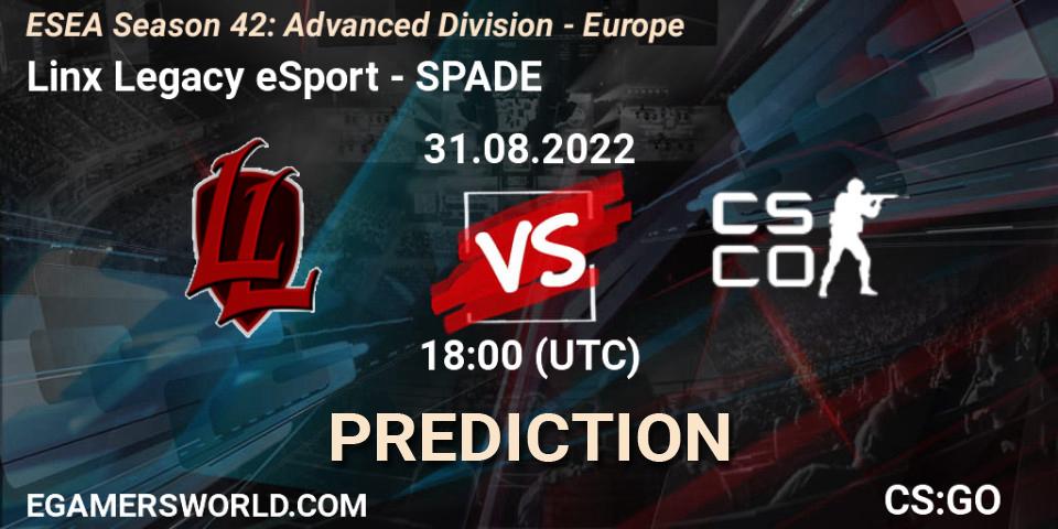 Pronóstico Linx Legacy eSport - SPADE. 31.08.2022 at 18:00, Counter-Strike (CS2), ESEA Season 42: Advanced Division - Europe