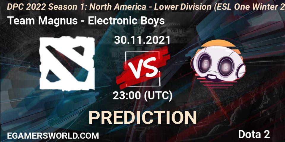 Pronóstico Team Magnus - Electronic Boys. 30.11.2021 at 22:56, Dota 2, DPC 2022 Season 1: North America - Lower Division (ESL One Winter 2021)