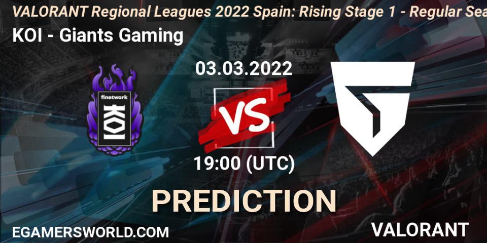 Pronóstico KOI - Giants Gaming. 03.03.2022 at 21:45, VALORANT, VALORANT Regional Leagues 2022 Spain: Rising Stage 1 - Regular Season