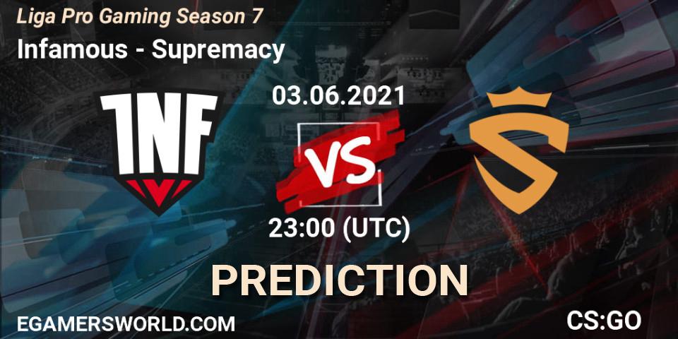 Pronóstico Infamous - Supremacy. 03.06.2021 at 23:00, Counter-Strike (CS2), Liga Pro Gaming Season 7