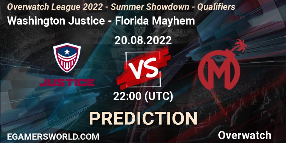 Pronóstico Washington Justice - Florida Mayhem. 20.08.2022 at 22:15, Overwatch, Overwatch League 2022 - Summer Showdown - Qualifiers