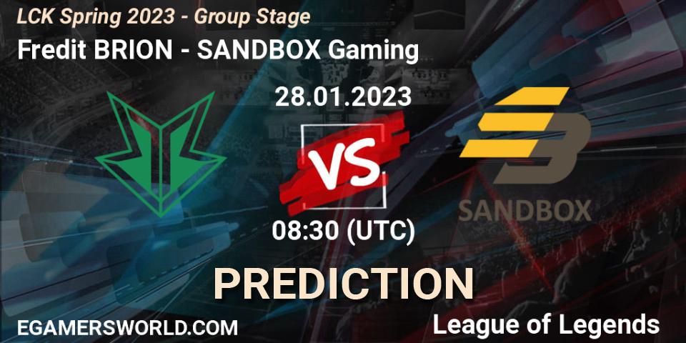 Pronóstico Fredit BRION - SANDBOX Gaming. 28.01.23, LoL, LCK Spring 2023 - Group Stage