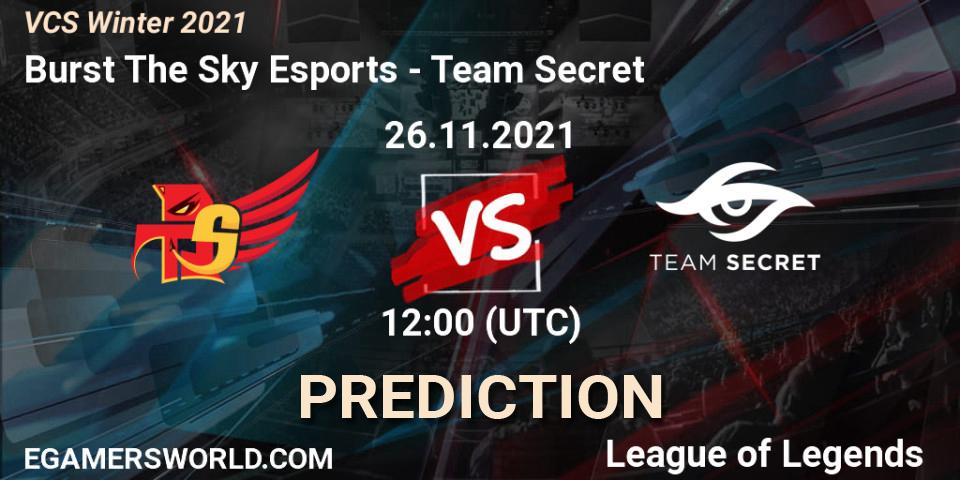Pronóstico Burst The Sky Esports - Team Secret. 26.11.2021 at 12:00, LoL, VCS Winter 2021