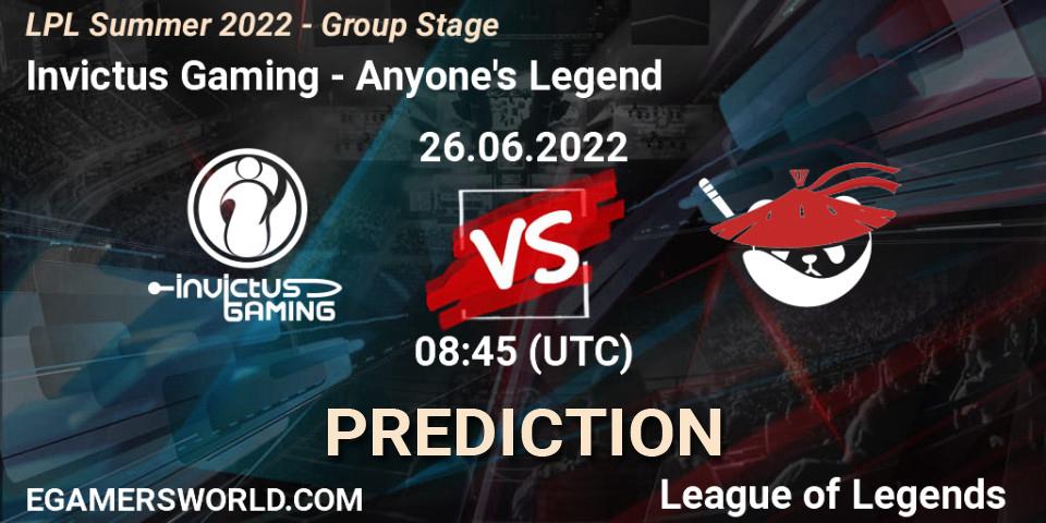 Pronóstico Invictus Gaming - Anyone's Legend. 26.06.2022 at 09:00, LoL, LPL Summer 2022 - Group Stage