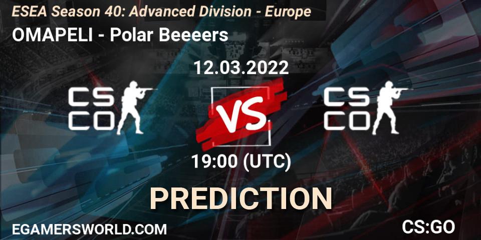 Pronóstico OMAPELI - Polar Beeeers. 12.03.2022 at 19:00, Counter-Strike (CS2), ESEA Season 40: Advanced Division - Europe
