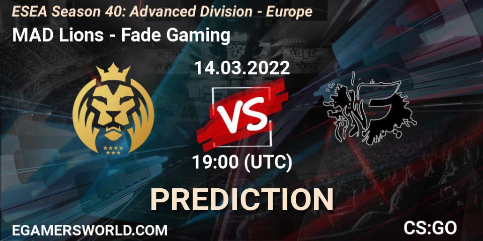 Pronóstico MAD Lions - Fade Gaming. 14.03.2022 at 19:00, Counter-Strike (CS2), ESEA Season 40: Advanced Division - Europe