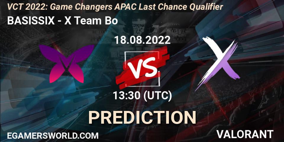 Pronóstico BASISSIX - X Team Bo. 18.08.2022 at 13:30, VALORANT, VCT 2022: Game Changers APAC Last Chance Qualifier