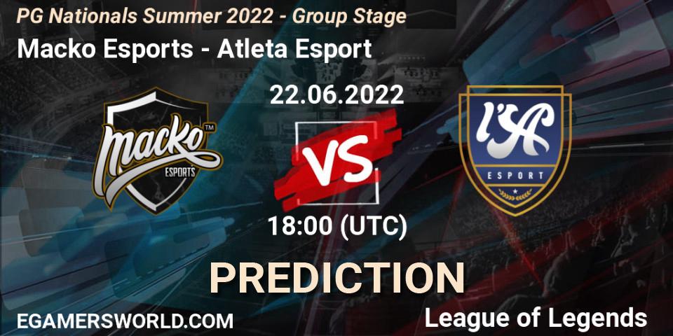 Pronóstico Macko Esports - Atleta Esport. 22.06.2022 at 18:00, LoL, PG Nationals Summer 2022 - Group Stage