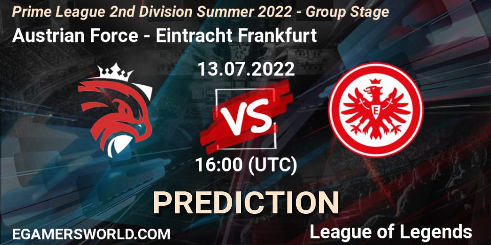 Pronóstico Austrian Force - Eintracht Frankfurt. 13.07.2022 at 16:00, LoL, Prime League 2nd Division Summer 2022 - Group Stage