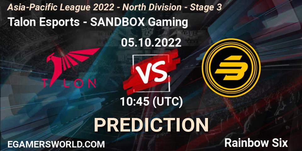 Pronóstico Talon Esports - SANDBOX Gaming. 05.10.2022 at 10:45, Rainbow Six, Asia-Pacific League 2022 - North Division - Stage 3