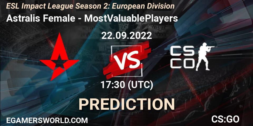Pronóstico Astralis Female - MostValuablePlayers. 22.09.2022 at 17:30, Counter-Strike (CS2), ESL Impact League Season 2: European Division