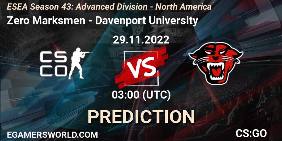 Pronóstico Zero Marksmen - Davenport University. 29.11.22, CS2 (CS:GO), ESEA Season 43: Advanced Division - North America