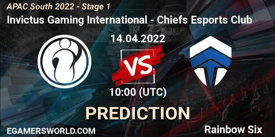 Pronóstico Invictus Gaming International - Chiefs Esports Club. 14.04.2022 at 10:00, Rainbow Six, APAC South 2022 - Stage 1