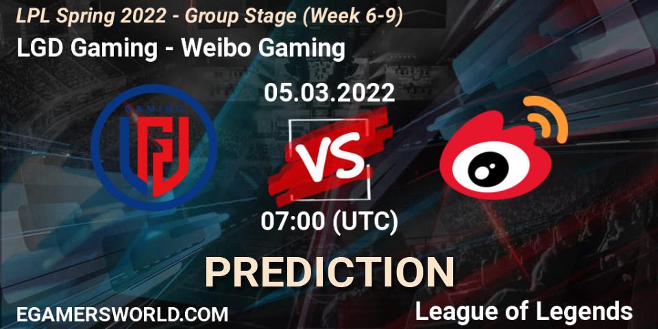 Pronóstico LGD Gaming - Weibo Gaming. 05.03.2022 at 07:00, LoL, LPL Spring 2022 - Group Stage (Week 6-9)
