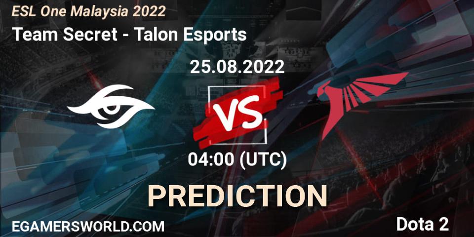 Pronóstico Team Secret - Talon Esports. 25.08.2022 at 04:00, Dota 2, ESL One Malaysia 2022