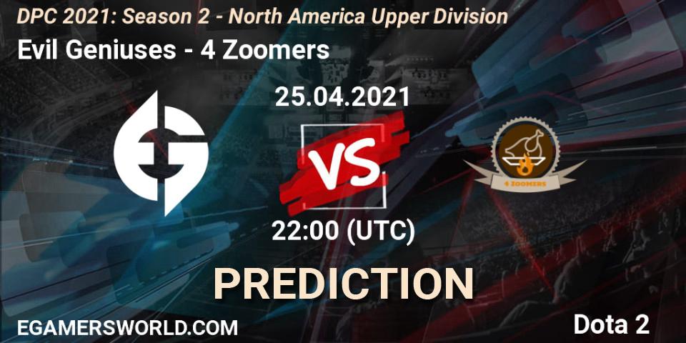 Pronóstico Evil Geniuses - 4 Zoomers. 25.04.2021 at 22:04, Dota 2, DPC 2021: Season 2 - North America Upper Division 