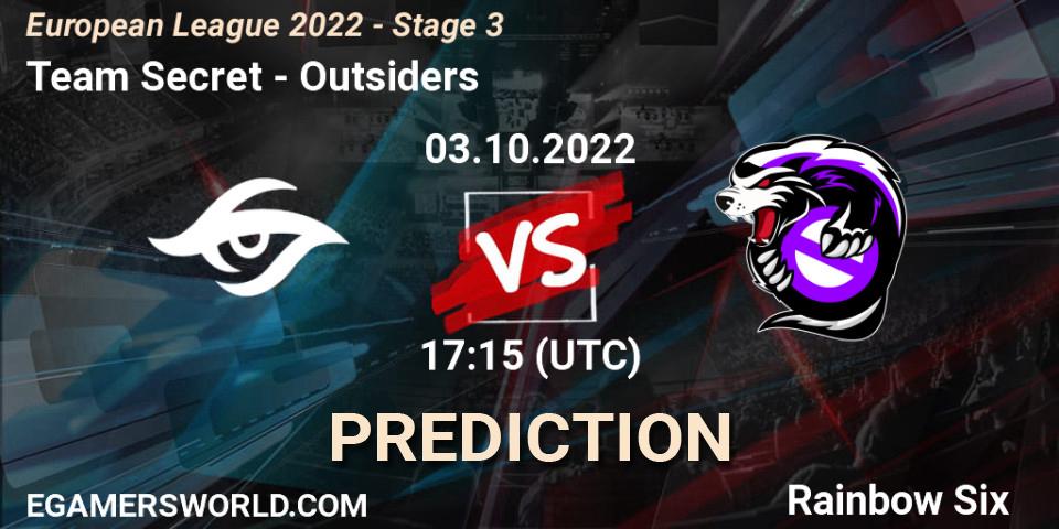 Pronóstico Team Secret - Outsiders. 03.10.2022 at 17:15, Rainbow Six, European League 2022 - Stage 3