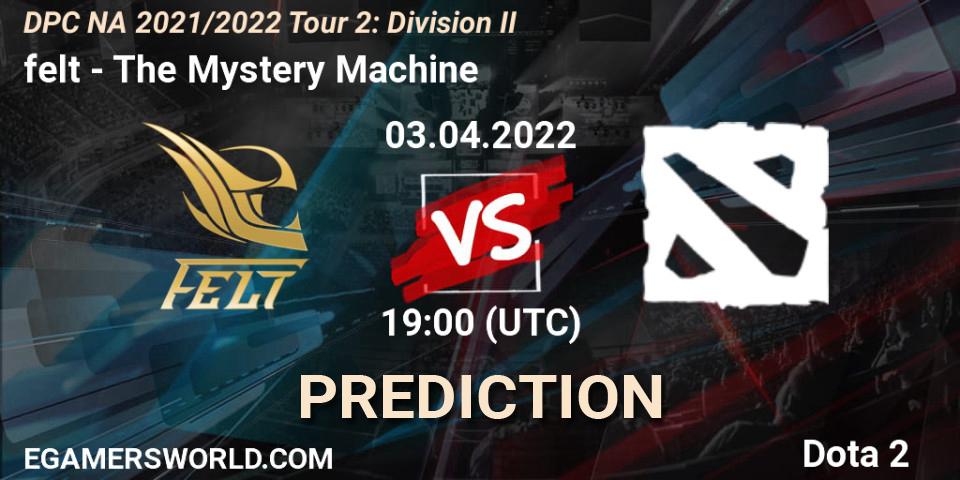 Pronóstico felt - The Mystery Machine. 03.04.2022 at 18:55, Dota 2, DP 2021/2022 Tour 2: NA Division II (Lower) - ESL One Spring 2022