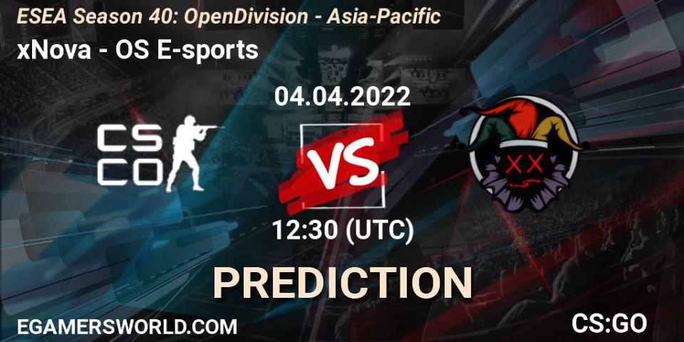 Pronóstico xNova - OS E-sports. 04.04.2022 at 12:30, Counter-Strike (CS2), ESEA Season 40: Open Division - Asia-Pacific