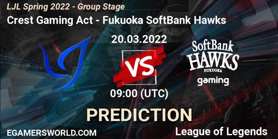 Pronóstico Crest Gaming Act - Fukuoka SoftBank Hawks. 20.03.2022 at 09:00, LoL, LJL Spring 2022 - Group Stage
