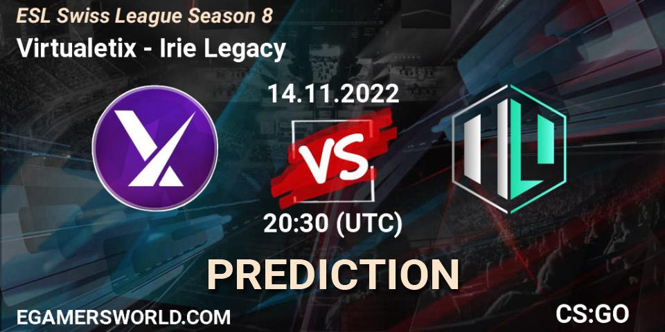 Pronóstico Virtualetix - Irie Legacy. 17.11.2022 at 19:00, Counter-Strike (CS2), ESL Swiss League Season 8