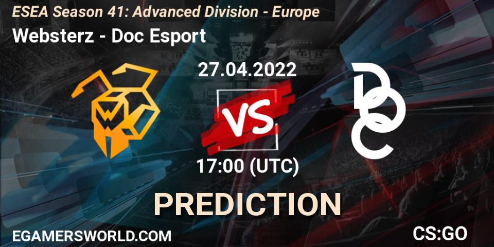 Pronóstico Websterz - Doc Esport. 27.04.2022 at 17:00, Counter-Strike (CS2), ESEA Season 41: Advanced Division - Europe