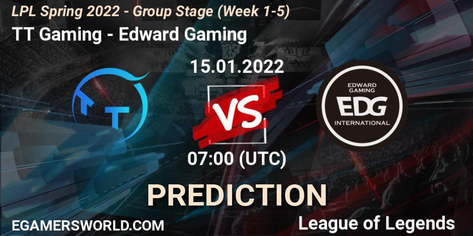 Pronóstico TT Gaming - Edward Gaming. 15.01.2022 at 07:00, LoL, LPL Spring 2022 - Group Stage (Week 1-5)