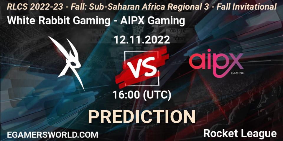 Pronóstico White Rabbit Gaming - AIPX Gaming. 12.11.2022 at 16:00, Rocket League, RLCS 2022-23 - Fall: Sub-Saharan Africa Regional 3 - Fall Invitational
