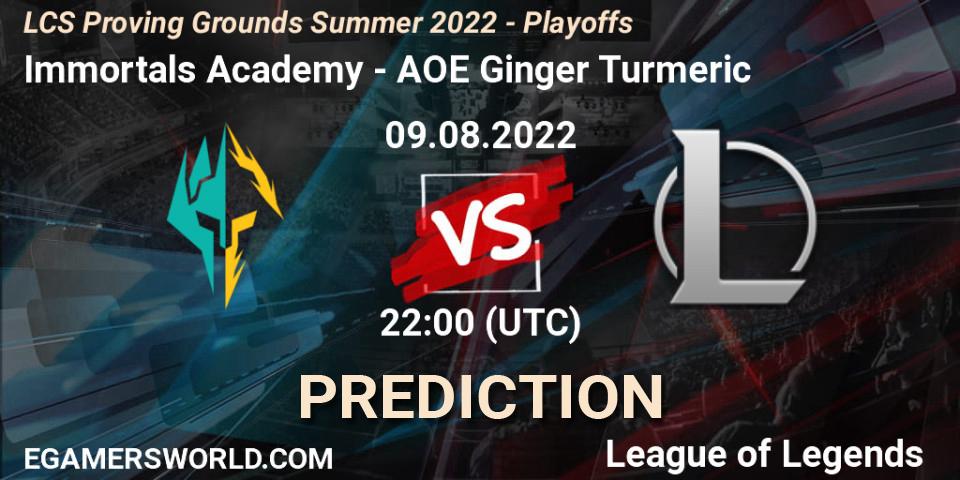 Pronóstico Immortals Academy - AOE Ginger Turmeric. 09.08.2022 at 22:00, LoL, LCS Proving Grounds Summer 2022 - Playoffs