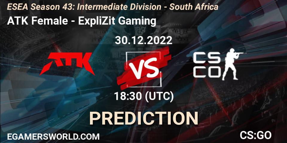 Pronóstico ATK Female - ExpliZit Gaming. 29.12.2022 at 18:30, Counter-Strike (CS2), ESEA Season 43: Intermediate Division - South Africa