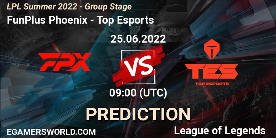 Pronóstico FunPlus Phoenix - Top Esports. 25.06.2022 at 10:00, LoL, LPL Summer 2022 - Group Stage