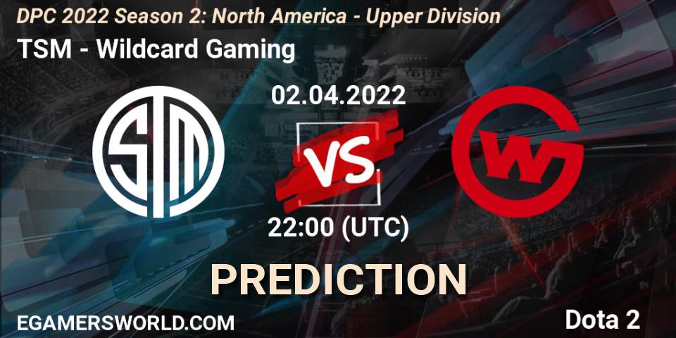 Pronóstico TSM - Wildcard Gaming. 02.04.2022 at 21:55, Dota 2, DPC 2021/2022 Tour 2 (Season 2): NA Division I (Upper) - ESL One Spring 2022