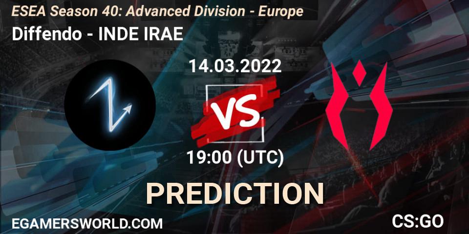 Pronóstico Diffendo - INDE IRAE. 14.03.2022 at 19:00, Counter-Strike (CS2), ESEA Season 40: Advanced Division - Europe