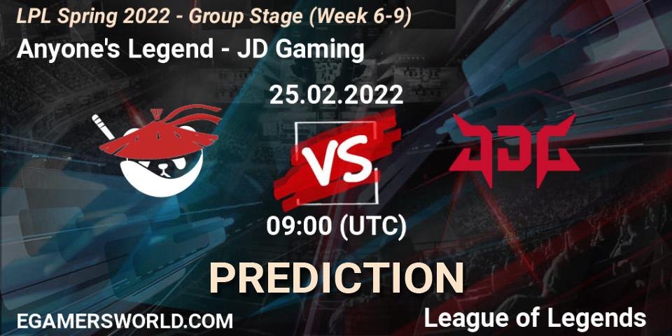 Pronóstico Anyone's Legend - JD Gaming. 25.02.2022 at 10:00, LoL, LPL Spring 2022 - Group Stage (Week 6-9)