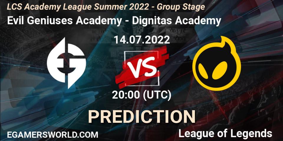Pronóstico Evil Geniuses Academy - Dignitas Academy. 14.07.22, LoL, LCS Academy League Summer 2022 - Group Stage