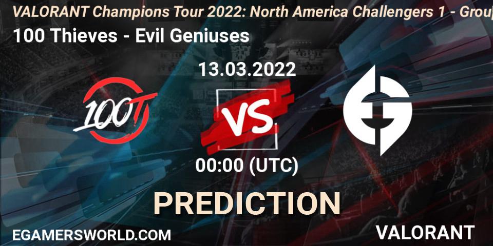 Pronóstico 100 Thieves - Evil Geniuses. 12.03.2022 at 21:00, VALORANT, VCT 2022: North America Challengers 1 - Group Stage