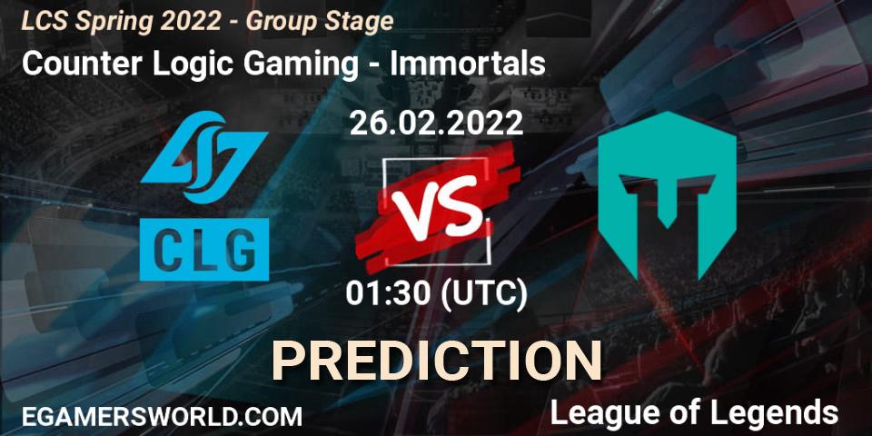 Pronóstico Counter Logic Gaming - Immortals. 26.02.2022 at 01:30, LoL, LCS Spring 2022 - Group Stage
