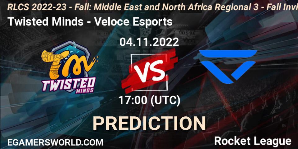 Pronóstico Twisted Minds - Veloce Esports. 04.11.2022 at 17:00, Rocket League, RLCS 2022-23 - Fall: Middle East and North Africa Regional 3 - Fall Invitational