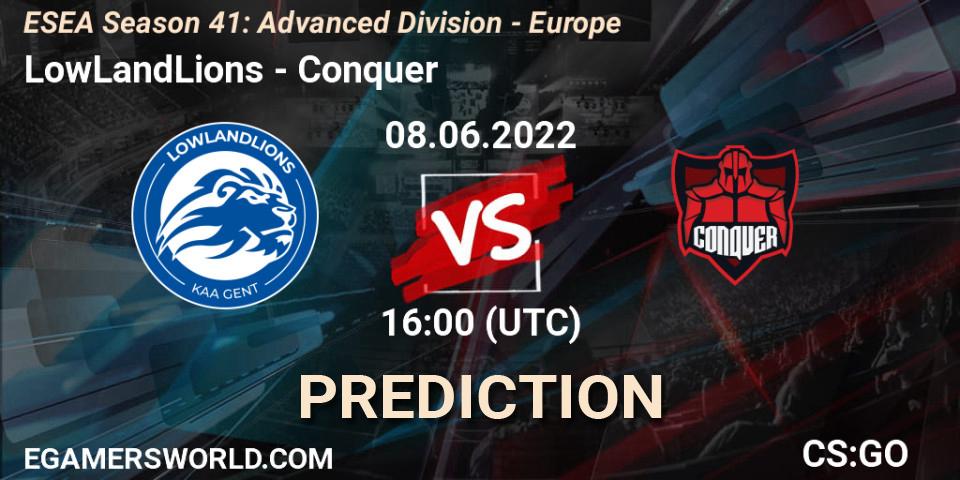 Pronóstico LowLandLions - Conquer. 08.06.2022 at 16:00, Counter-Strike (CS2), ESEA Season 41: Advanced Division - Europe