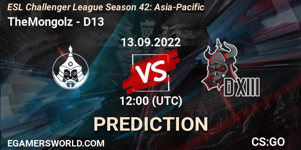 Pronóstico TheMongolz - D13. 13.09.2022 at 12:00, Counter-Strike (CS2), ESL Challenger League Season 42: Asia-Pacific