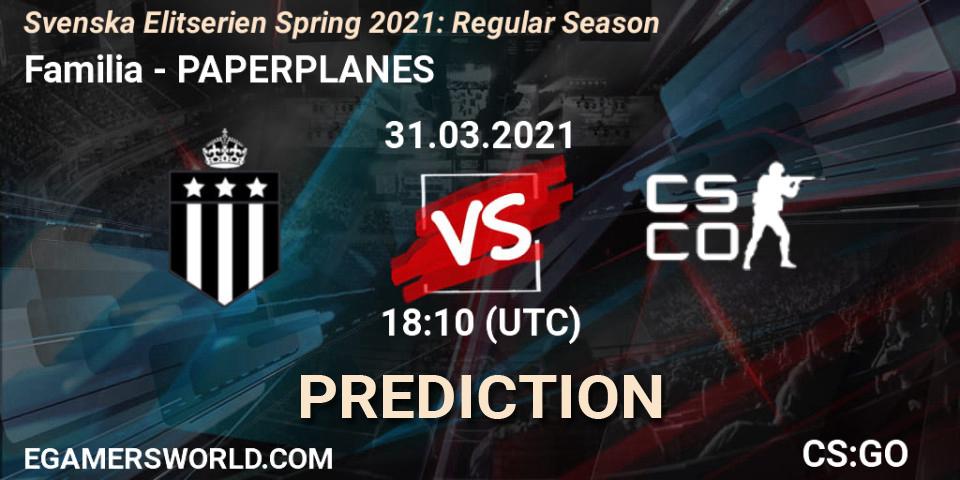 Pronóstico Familia - PAPERPLANES. 31.03.2021 at 18:10, Counter-Strike (CS2), Svenska Elitserien Spring 2021: Regular Season