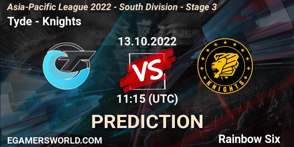 Pronóstico Tyde - Knights. 13.10.2022 at 11:15, Rainbow Six, Asia-Pacific League 2022 - South Division - Stage 3