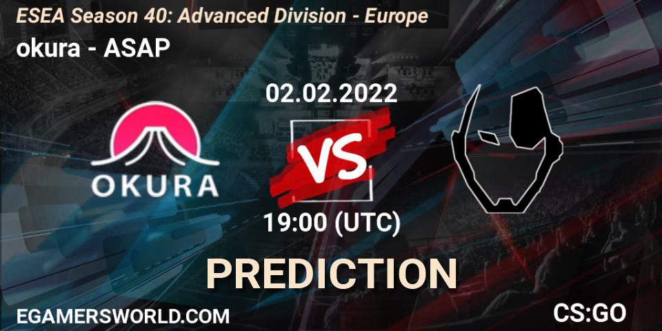 Pronóstico okura - ASAP. 02.02.2022 at 19:00, Counter-Strike (CS2), ESEA Season 40: Advanced Division - Europe