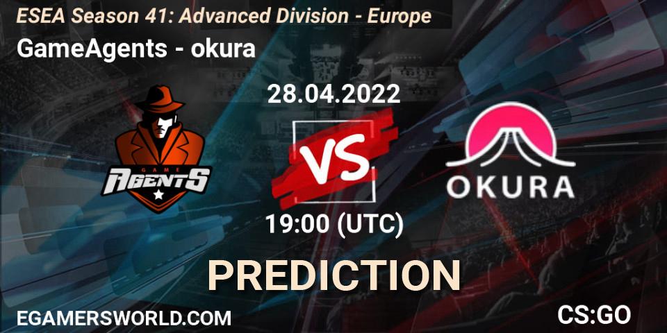 Pronóstico GameAgents - okura. 28.04.2022 at 19:00, Counter-Strike (CS2), ESEA Season 41: Advanced Division - Europe