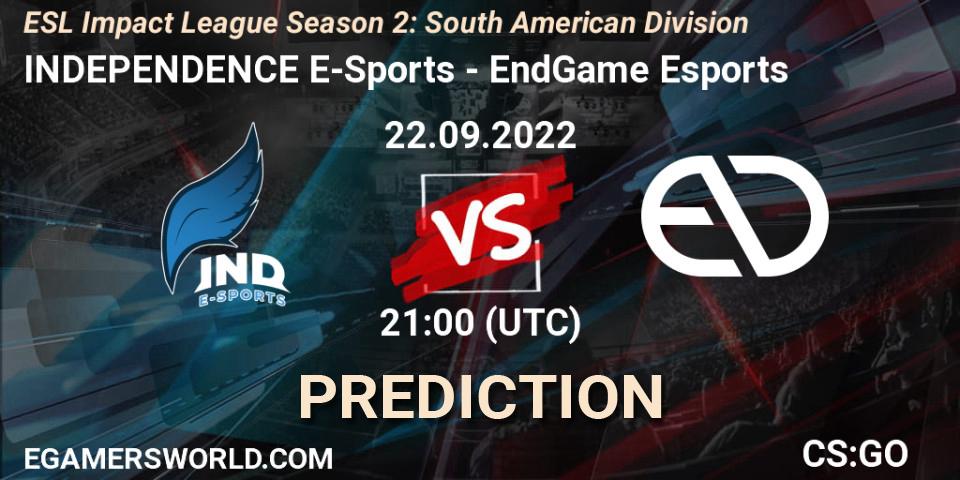Pronóstico INDEPENDENCE E-Sports - EndGame Esports. 22.09.2022 at 21:00, Counter-Strike (CS2), ESL Impact League Season 2: South American Division
