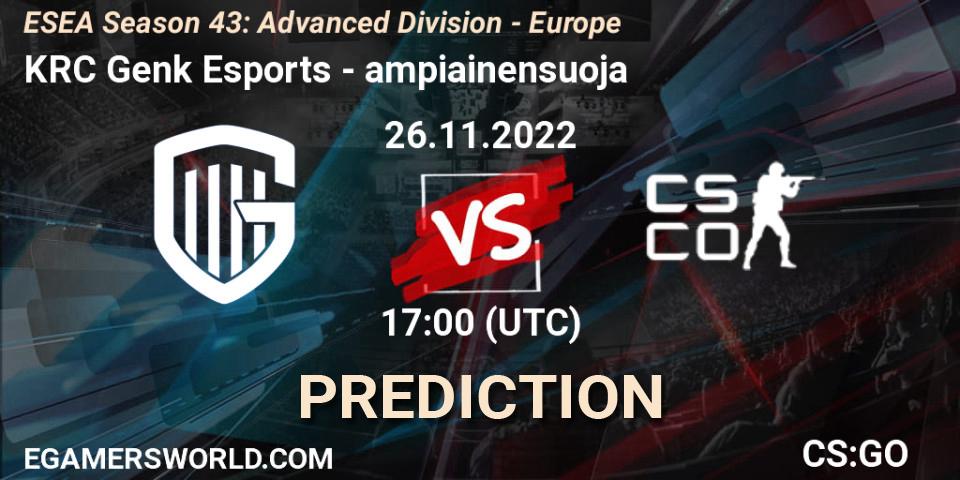 Pronóstico KRC Genk Esports - ampiainensuoja. 26.11.2022 at 17:00, Counter-Strike (CS2), ESEA Season 43: Advanced Division - Europe