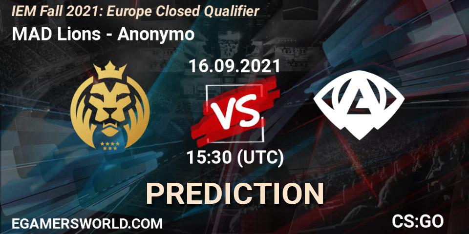 Pronóstico MAD Lions - Anonymo. 16.09.2021 at 15:30, Counter-Strike (CS2), IEM Fall 2021: Europe Closed Qualifier