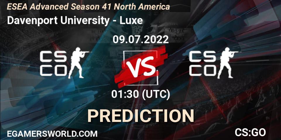 Pronóstico Davenport University - Luxe. 09.07.2022 at 01:30, Counter-Strike (CS2), ESEA Advanced Season 41 North America
