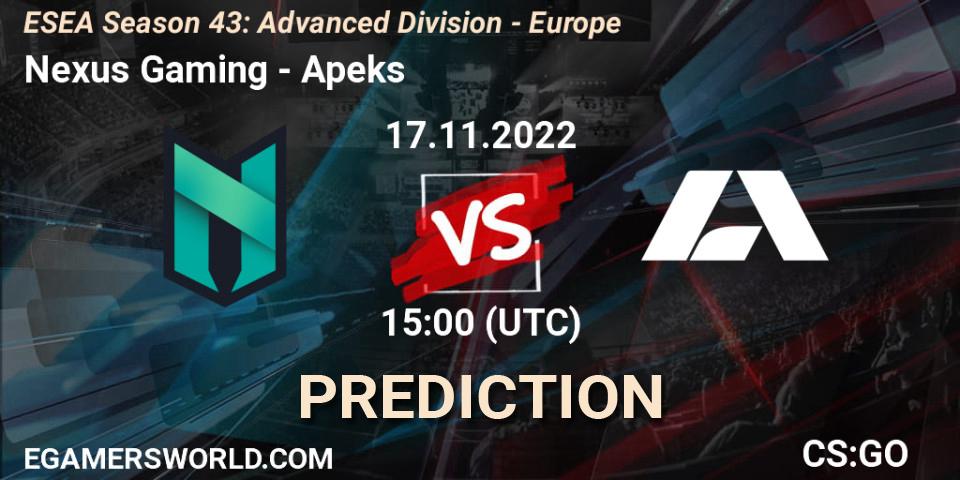 Pronóstico Nexus Gaming - Apeks. 17.11.2022 at 15:00, Counter-Strike (CS2), ESEA Season 43: Advanced Division - Europe