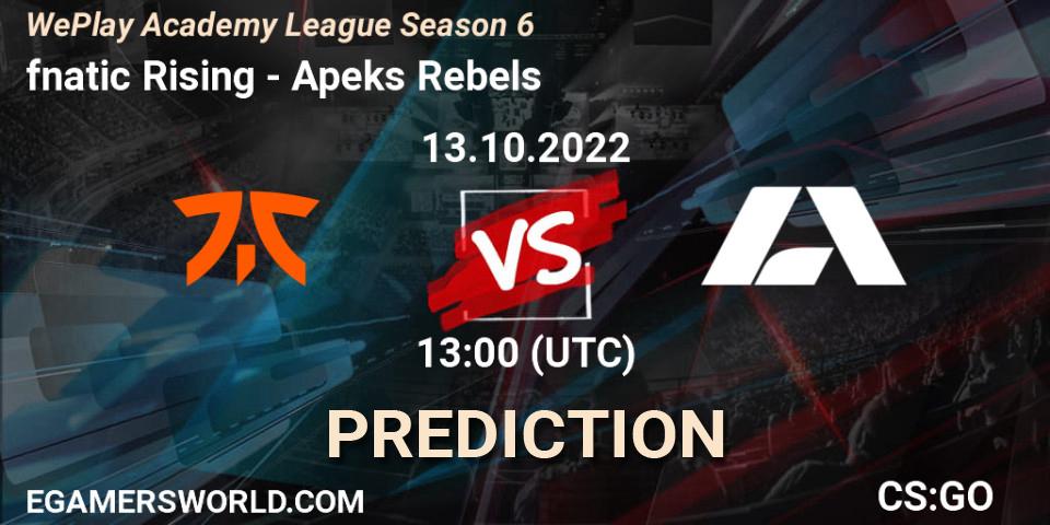 Pronóstico fnatic Rising - Apeks Rebels. 13.10.2022 at 13:00, Counter-Strike (CS2), WePlay Academy League Season 6